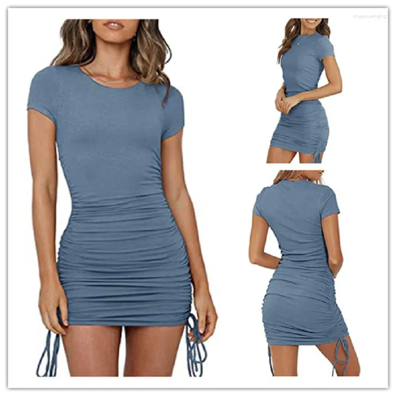 Casual Dresses High Elastic Ruffled Comfortable 2023 Guangzhou Woman Midi Dress Shirring Ribbed Drawstring Bodycon Fashion Female Clot