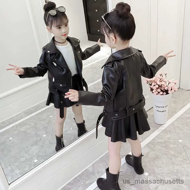 Jackor Top Fashion Girls Boy Jackets Coat Kids Baby Belt Leather Jacket Spring Autumn Coat Barn Kläder överrockar 4-14T R230812