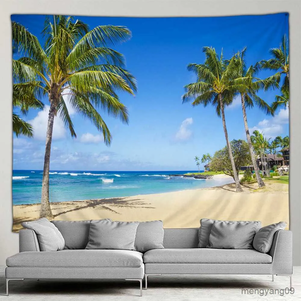 Tapissries Seaside Landscape Tapestry Outdoor Poster Beach Hawaii Coconut Trees Island Simple Modern Style Wall Hanging Nature Mural Screen R230812