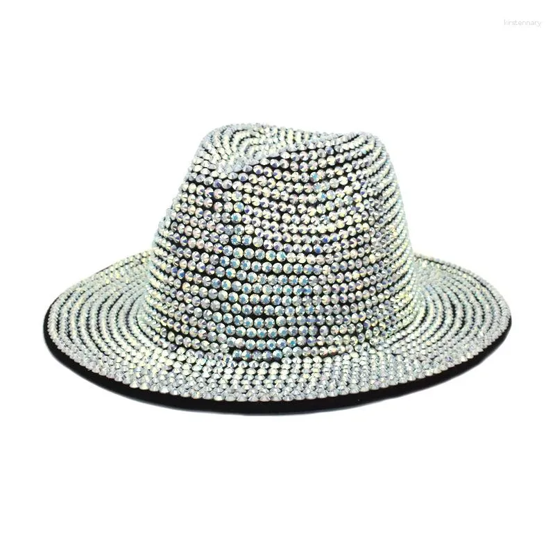 Berets Rhinestone Fedora Hats for Women Men Flat Wide Brim Feel Jazz ręcznie robiony Bling Studded Party Hat