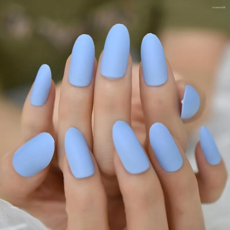 Valse nagels 24 stks ovaal nep matblauwe matte druk op medium lange faux ongles volledige tips vinger gemakkelijk slijtage