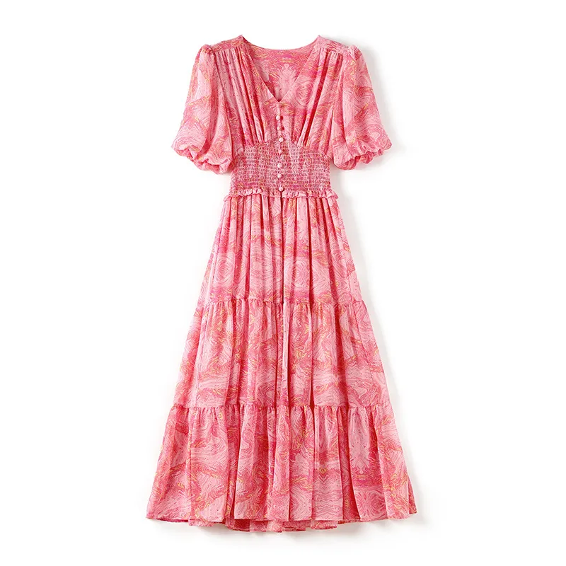 2023 Summer Pink Floral Print Dress Short Sleeve V-Neck-knappar MIDI Casual Dresses W3Q064506