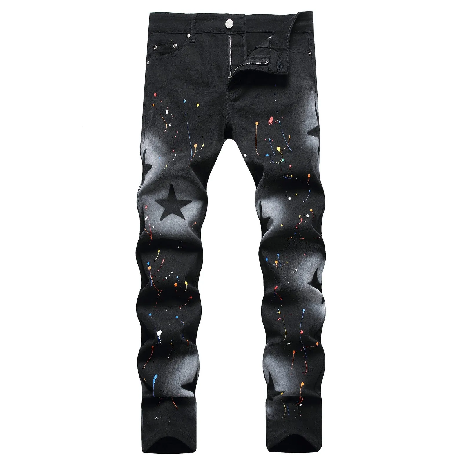 Mens Jeans Style Black Colored Paint Stretch High Street Star Print Slim Elastic Skinny Denim Pants Pencil 230811