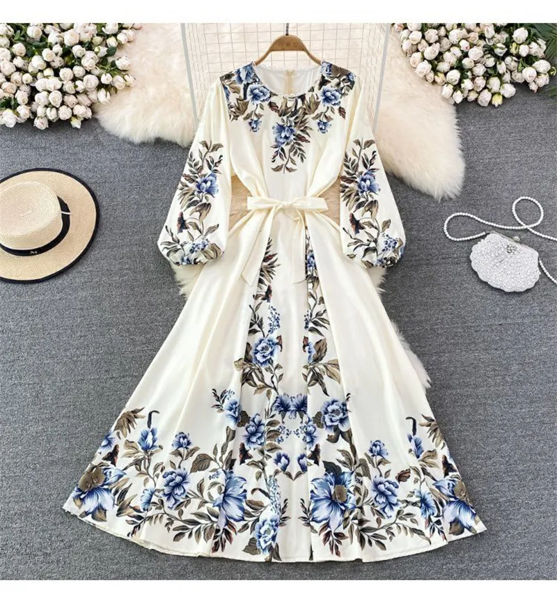 Basic Casual Kleider 2024 Frühlings Sommer Vintage Blumen Druck mittlerer Frauen Kleider Taille Schnürung Langarm O Hals Ladies Kleider Vestidos rot gelb