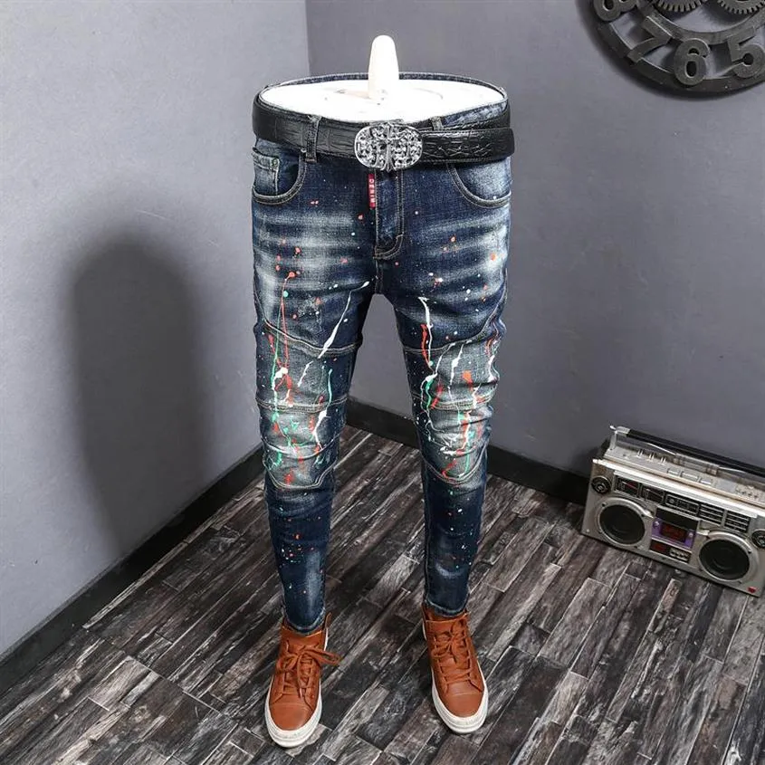Fashion Streetwear Men Jeans High Quality Spliced Slim Fit Ripped