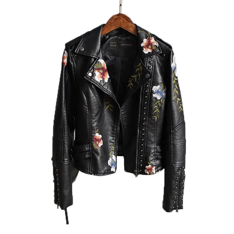 Women's Jacket Floral Print Embroidery Faux Soft Leather Coat Turndown Collar Casual Pu Motorcycle Black Punk Outerwear 230812