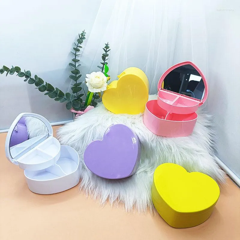 Jewelry Pouches Make Up Box With Mirror Gift For Girl Heart Shape Storage Cosmetic Organizer Cute Drawer Desk Shelf Earring Holder