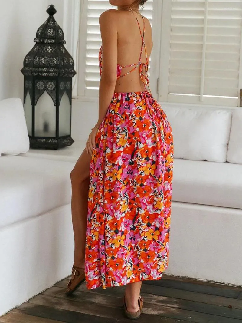 DHgate.com:Womens Halter Neck Floral Print Flowy Cutout Tie