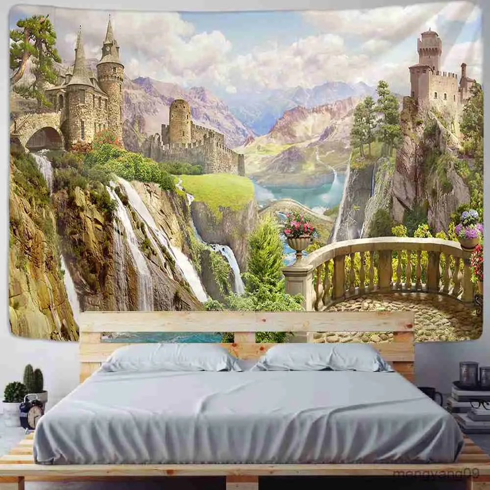 Tapisches City Castle Hill Green Plant Paysage Printing Tapestry Mur hippie bon marché Tapissions murales R230812