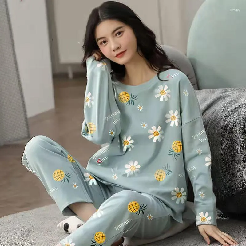 Pijãs de sono feminino Ladies Spring Autumn Manga Longa Pijamas de duas peças Conjunto para Pajama Casual Pants Terno em casa Pijamas Mujer