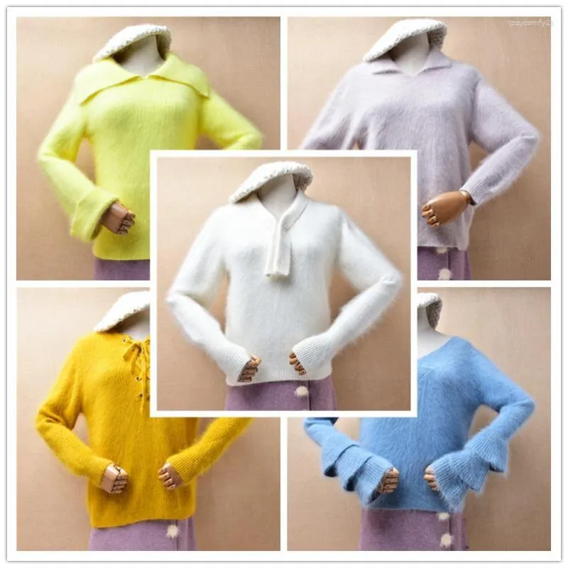 Kadın Sweaters Bayanlar Kadınlar Kış Giyim Sonbahar Giyim Kıllı Yumuşak Gerçek Angora Saç El Örme Bowtie İnce Blouses Jumper Sweater Çekme