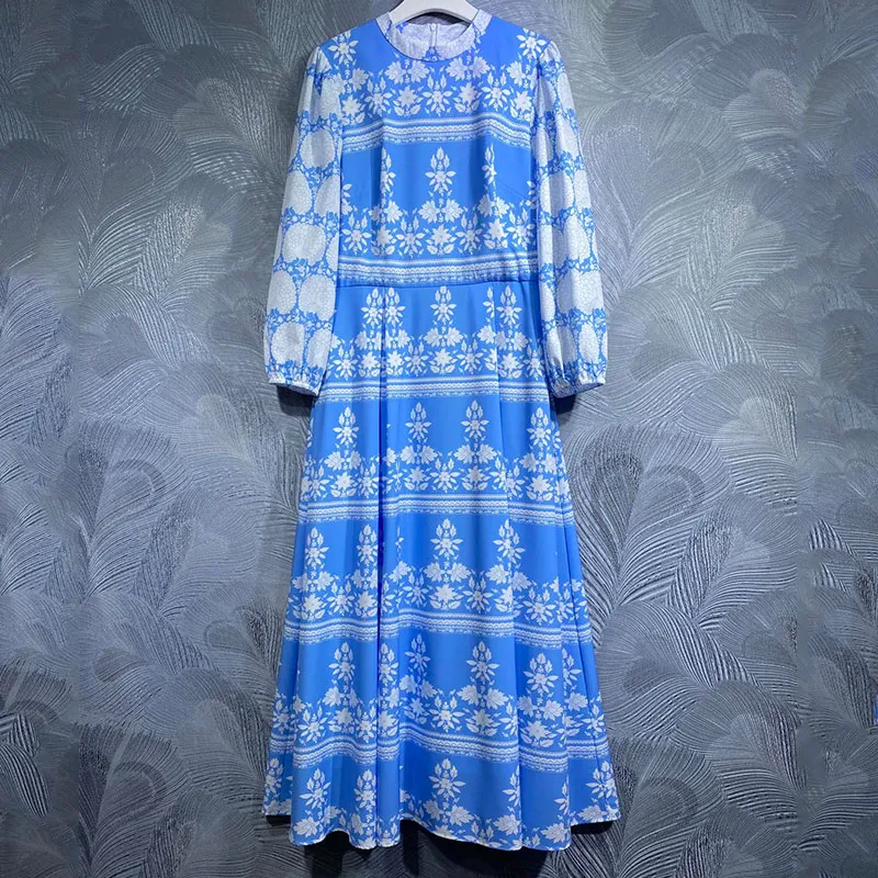 Tidig höst Ny designer Robe Style Sleeve Positioning Print Elegant and Atmospheric Blue Round Neck Long Dress