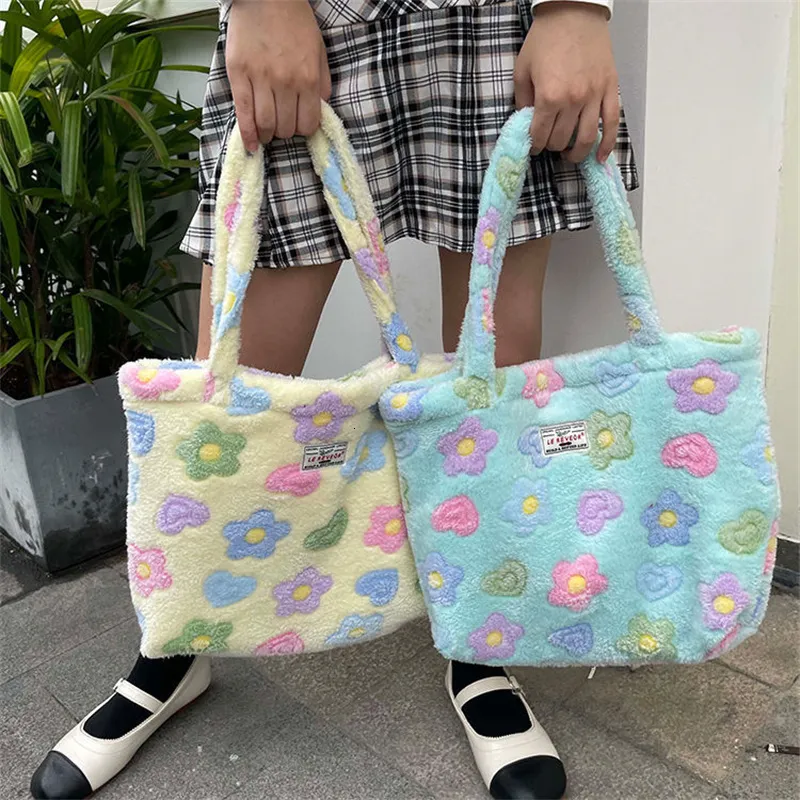 Evening Bags Women Sweet Shoulder Bag Cute Shopping Floral High-capacity Candy Color Plush Ins Handbag Fashion Girl Y2k Vintage Pink Blue 230811