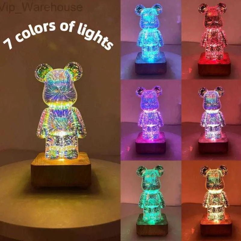 LED 3D Bear Fireworks Night Light Lamp For Bedroom Projection Table Lamp Romantic Gift Bedroom Decor Home Kawaii Desk Decoration HKD230812