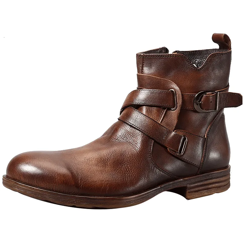 Laarzen retro man punk boot street schoenen zipper mannen persoonlijkheid enkel echte lederen buckle motorfiets laarsjes 230811