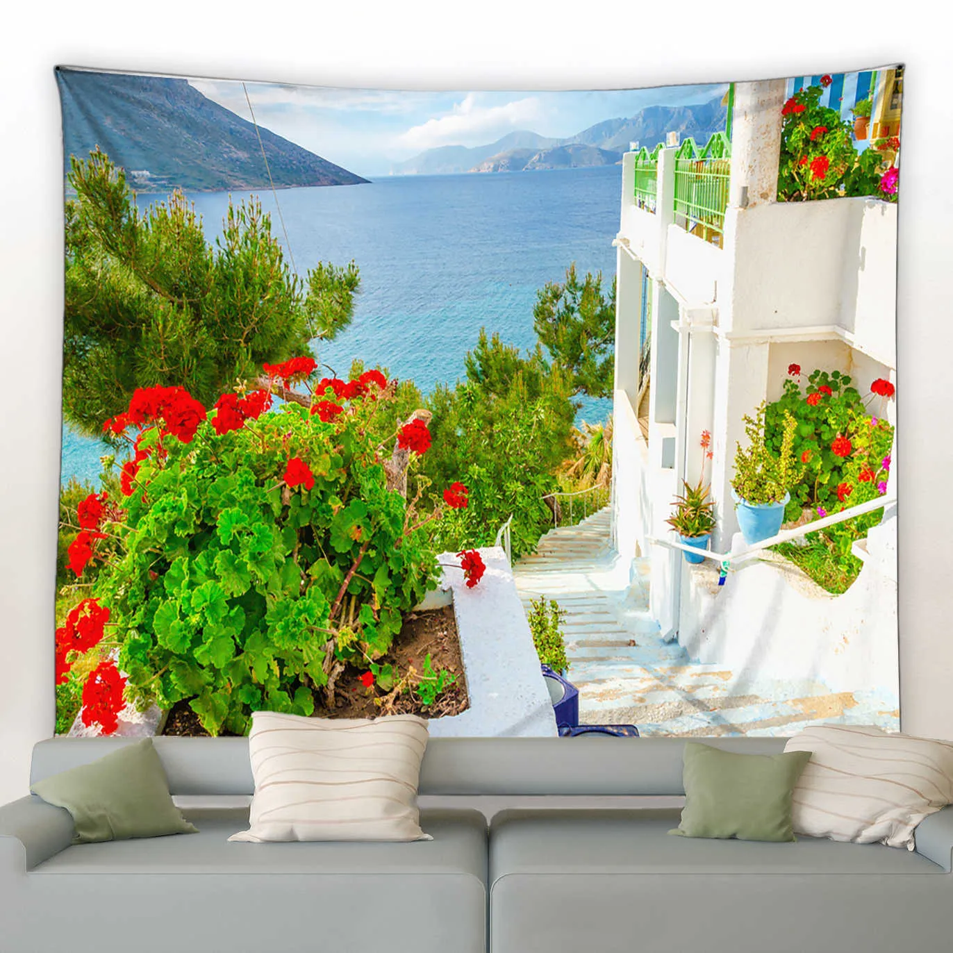 Arazzo Da Parete 3D Blu Con Spighe Di Grano Dorate, 230x180 Cm, In Microfibra Con Accessori Per Appendere
