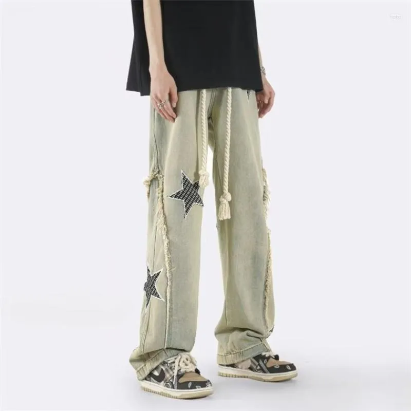 Men's Jeans US High Street Mes Retro Streetwear Y2k Harajuku Drawstring Straight Pants For Men Baggy Denim Yellow Mud Clothing