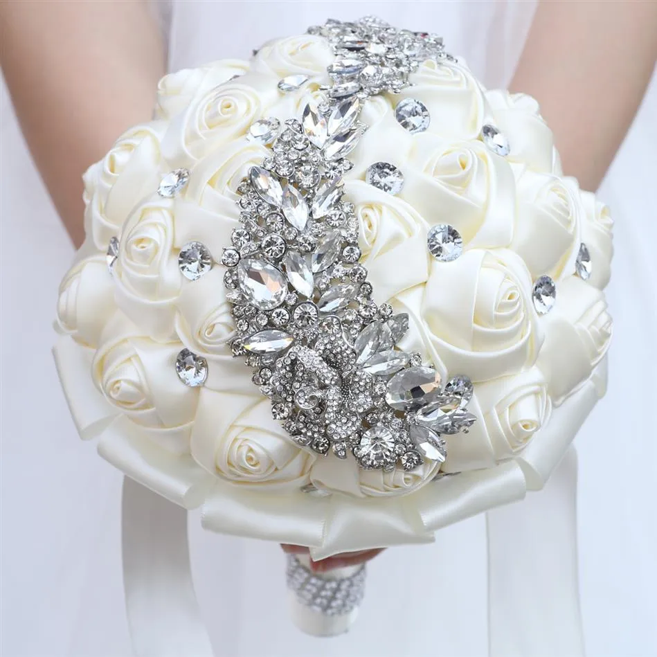 Artificial Satin Wedding Flowers Bridal Bouquet Hand made Flower Rhinestone Crystal Beaded Bridesmaid Bride Weddings Bouquet de ma273m