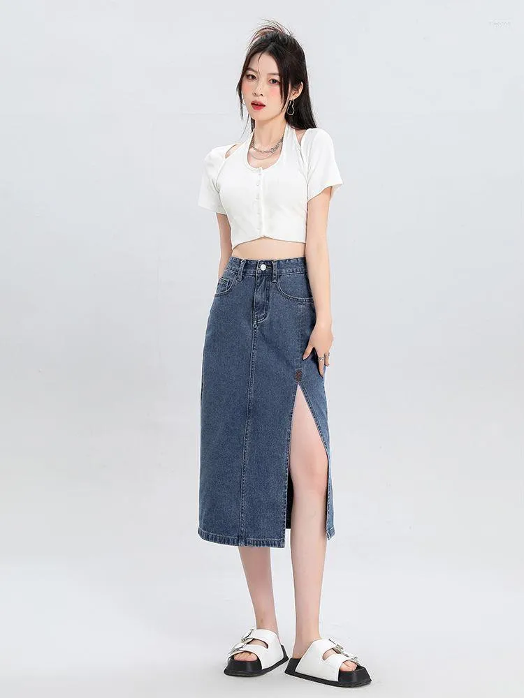 Rokken zomer rechte kant gesplitst midlong denim vrouwen hoge taille zakken slanke jeans bodems jupe 15087