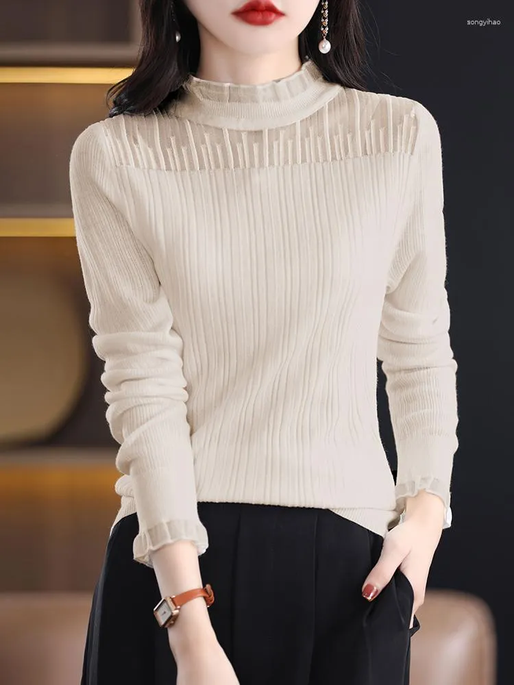 Women's Sweaters Crewneck Hollowed Out Cardigan Female Wooden Ear Edge Thin Mesh Knitted Leggings Spring Inner Matching Solid Color Sweater