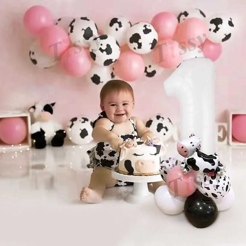Decorazione 11/48 pezzi Palloncini di mucca in cartone con torre di palloncini per bambini Forniture per decorazioni di compleanno a tema animali