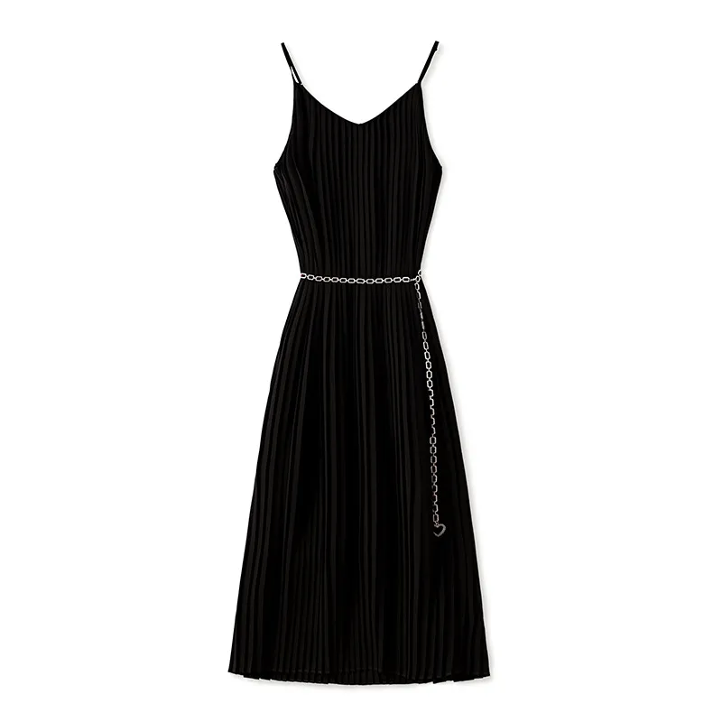 2023 Summer Black Solid Color Dress Sleeveless V-Neck Midi Casual Dresses W3Q064512