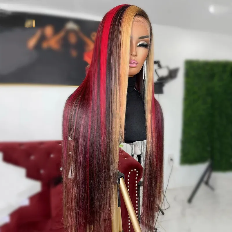 Highlight Red Blonde Colored Straight Body Wave Glueless Wig Pre-Plucked 13x4 Lace Frontal Human Hair Wig Synthetic For Women