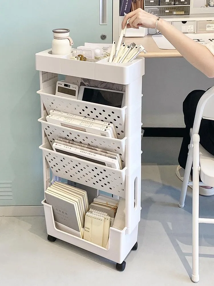 Hooks Small Bookshelf Next To The Desk Floor Storage Rack Simple Seam On Edge Cart With Wheels