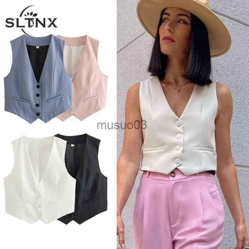 Coletes femininos Sltnx Traf Moda Feminina Vestes Sem mangas para Mulheres Summer Summer V decote V Ladies Branco Tops Casuais Roupas HKD230812