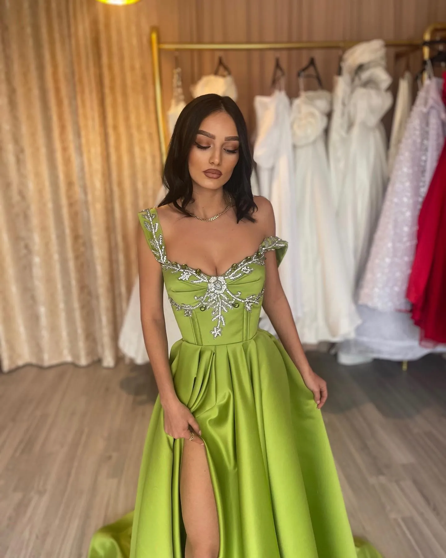double slit green dress Hunter Green Ruched Maxi Dress With Slit main image 0