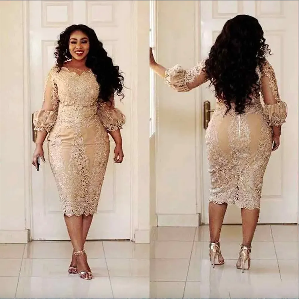 2023 Vintage Sexy Champagne Plus Size Sheath Cocktail Dresses Lace Appliques 3/4 Sleeves Zipper Back Tea Length Prom Mother Dress Pretty Woman Party Gowns