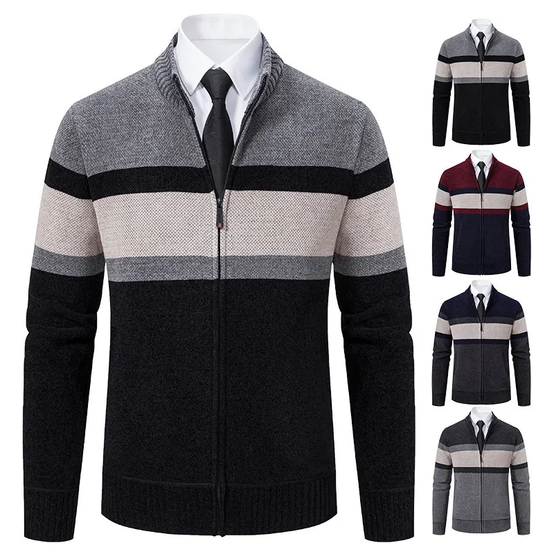 Mens Sweaters Cardigan Zipper Coat Striped Sweater Business Casual Autumn Winter Fleece Warm Stand Collar Knit Jumper 230811