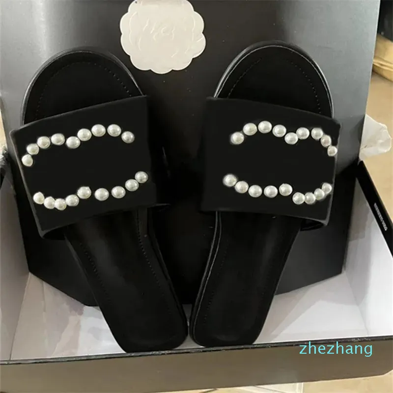 2023-Fashion Luxury Designer Womens Slippers Pearl Flat Bottom Sandals Summer Classic Slide Beach 2023 Outdoor Womens Shoes Designer