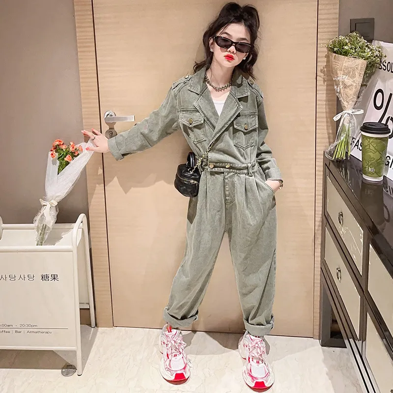 Rompers Girls Jumpsuits Fashion Denim Playsuits Streetwear for Kids Blue Casual Young Children Bodysuits Autumn Teens Clothes 13 14 Y 230811