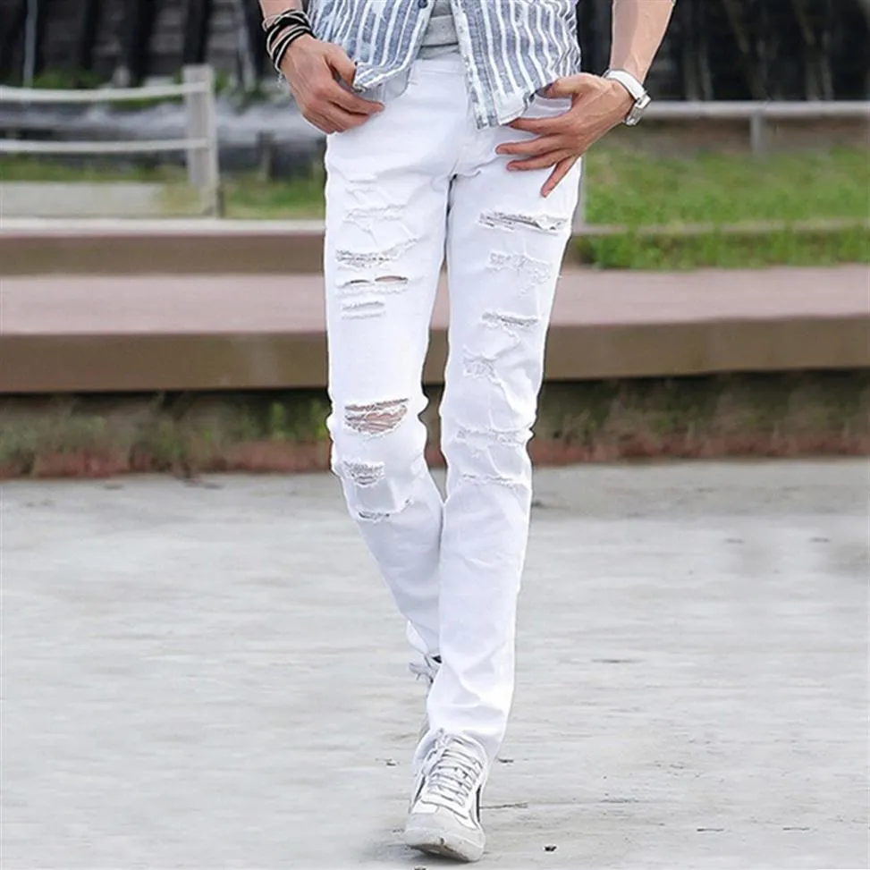 Whole-Men Summer Style White Cotton Male Skinny Ripped Jeans For Men High Quality Famous Fashion Brand245i
