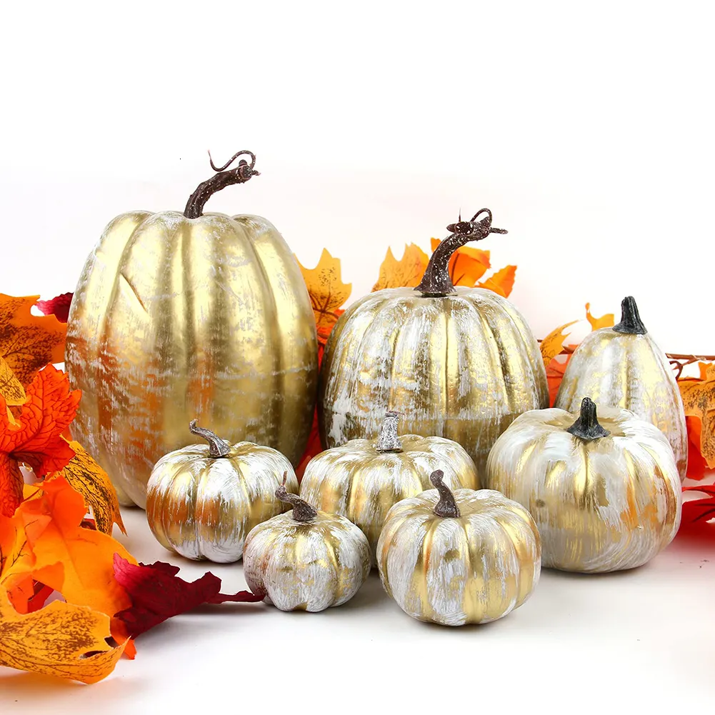 Andra evenemangsfestleveranser 7st Artificial Pumpkin Gold Brush White Shiny Simulation Foam Pumpkins Set Autumn Decoration för Thanksgiving Halloween 230812