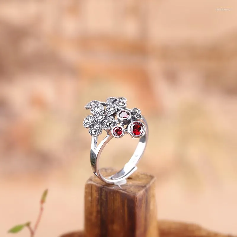 Cluster Rings S925 Pure Silver Jewelry Female Open Plum Blossom Pomegranate Red Ring