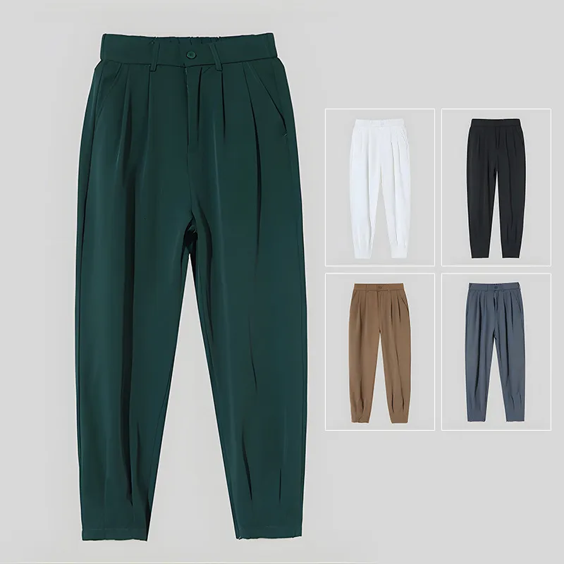 Pantaloni maschili estate in ghiaccio seta ultra-sottile per maschi pantaloni da uomo con cerniera gamber gamber gambert street harem lunghezza caviglia pantaloni bianchi neri 230811