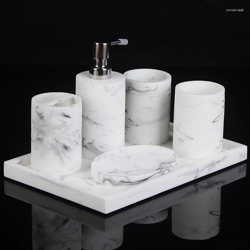 Badtillbehör Set Nordic Marble Pattern Badrumssats tvättstuga tillbehör Harts tandborste hållare tandglas tvål diskar dispenserbricka