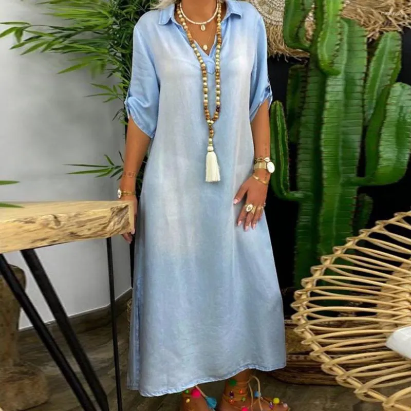 Casual Dresses Denim Dress Turn-Down Neck Half Sleeve Solid Color Summer Leisure Loose Long Women Clothing