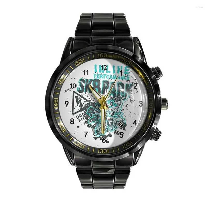 Polshorloges trendy eeuwige kalender stalen riem herenhorloges zwart -witte schedelhorror horloge sportbedrijfspols