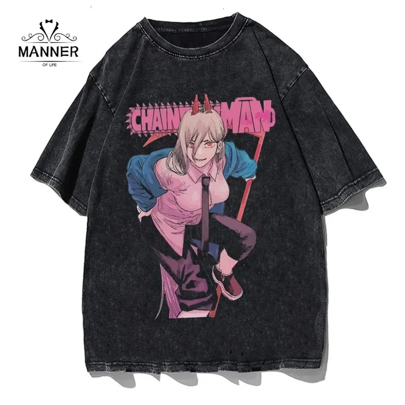 T-shirts masculins Chainsaw Man T-shirt Men Men Summer surdimensionné anime acide lavé Tshirt 100% coton Tees Hip Hop High Street Vintage Manga imprimé 230812