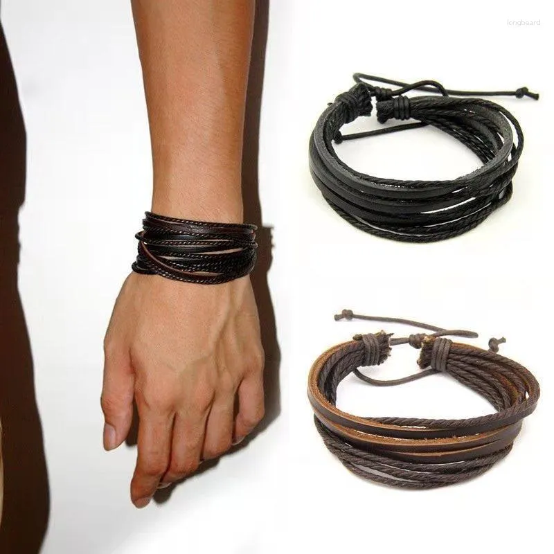 Charmarmband Leisure Fashion Men's Hand-Woven Multilayer Leather Armband Handgjorda spetsar upp handledsremmen svart för män hippie