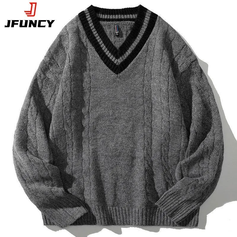 Męskie swetry jfuncy męskie dzianiny zimowe swetry duże męskie czarne pullover v skoczki na szyję męskie dzianiny w paski męskie ubrania 230811