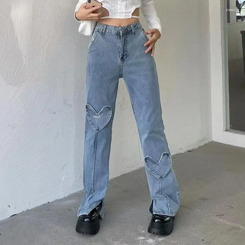 Kvinnors jeans Autumn Denim Trousers Woman Love Design High Waist Street Girl Slim Slits Wide Leg Pants Fashion Casual Femme