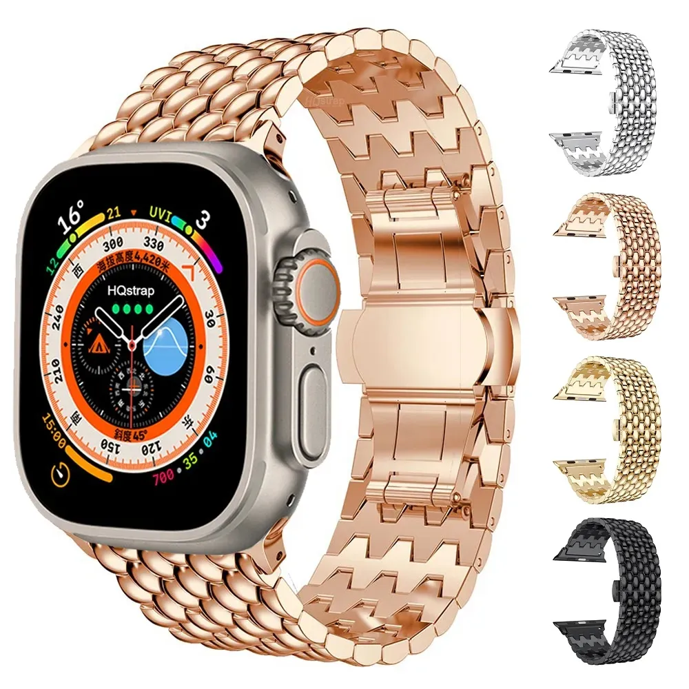 Luxury Stainless Steel Strap For Apple Watch Band Ultra 49mm 45mm 41mm 40mm 44mm Golden Metal correa Bracelet belt iwatch series 7 6 5 SE 8