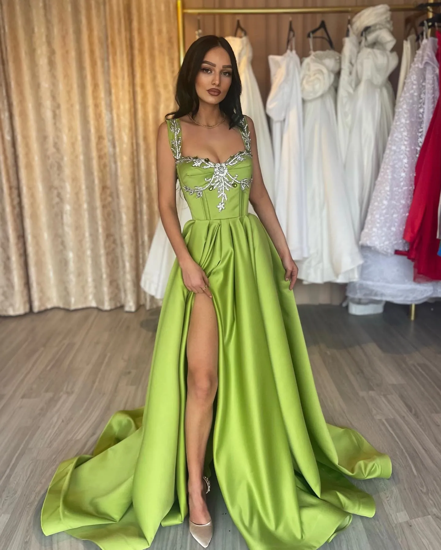 Grass Green Beaded A Line Double Slit Prom Dress With Split Straps Collar And Pleats Formal Evening Gown For Special Occasions And Parties From Bestdressing 148.75 DHgate.Com