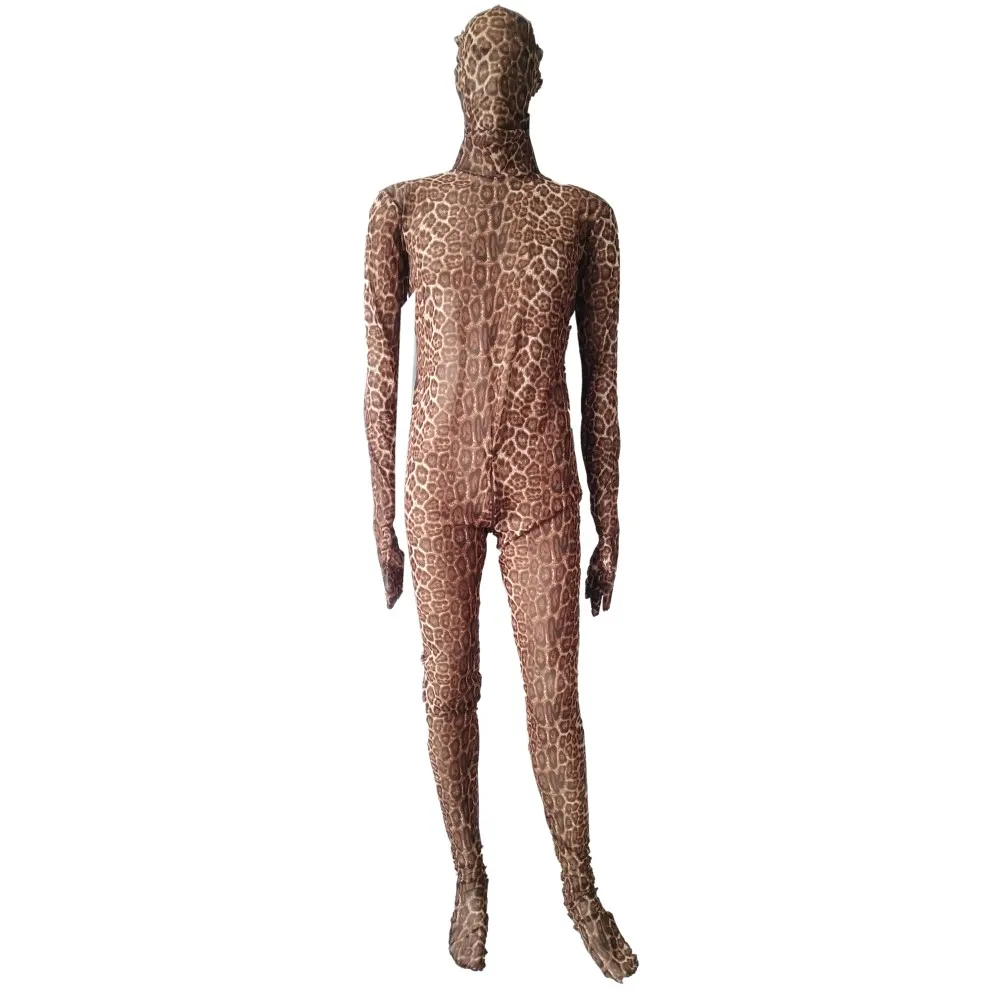 New Mesh Fabric Animal Leopard Tights Halloween Cosplay Jumpsuits Full Bodysuit Zentai Suits Fancy With Crotch Zipper