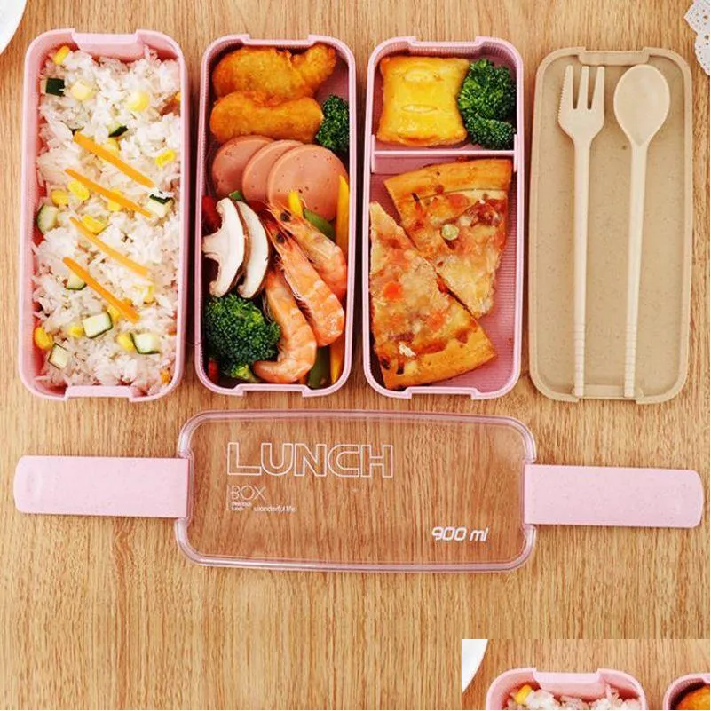 Lunch Boxes Bags Healthy Material Box 3 Layer 900Ml Wheat St Bento Boxes Microwave Dinnerware Food Storage Container Lunchbox Vf0001 Dh5Je