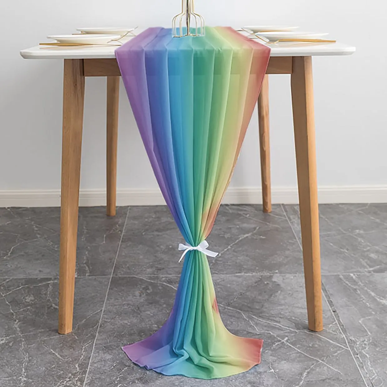 Tischläufer Gradient Rainbow Stripes Sheer Chiffon Luxury Tischläufer Esstisch Hochzeit Dekor Gaze Tisch Tuch gedruckter Tischläufer 230811